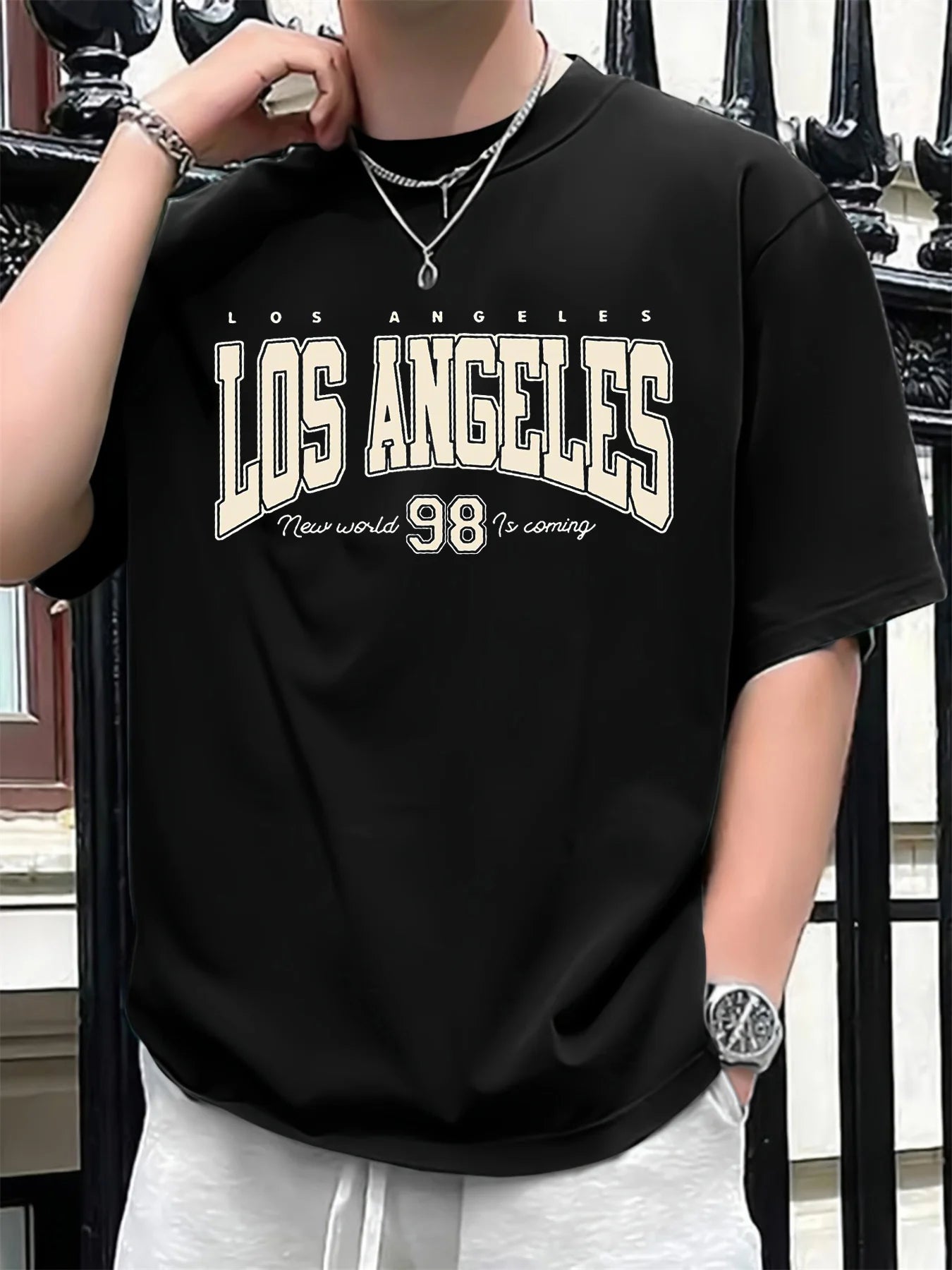 Men's summer 100 cotton fashionable casual loose plus size Los Angeles 98 printed sports round neck short sleeved T-shirt top - Urban Muse