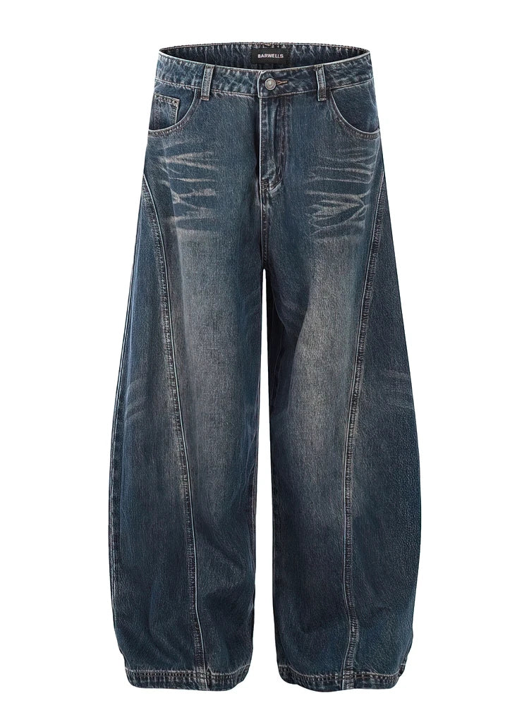 Vintage Black Washed Baggy Jeans Pants Men Wide leg Curved Blade Pants Streetwear Cowboy Casual Denim Straight Trousers - Urban Muse