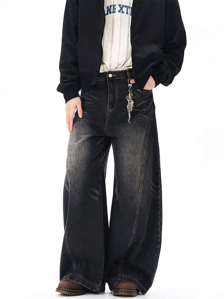 Vintage Black Washed Baggy Jeans Pants Men Wide leg Curved Blade Pants Streetwear Cowboy Casual Denim Straight Trousers - Urban Muse