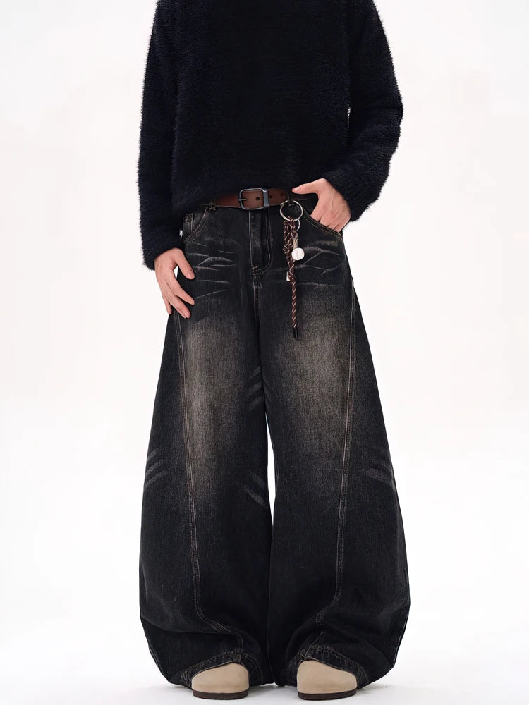 Vintage Black Washed Baggy Jeans Pants Men Wide leg Curved Blade Pants Streetwear Cowboy Casual Denim Straight Trousers - Urban Muse