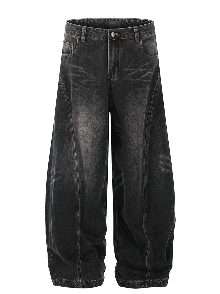 Vintage Black Washed Baggy Jeans Pants Men Wide leg Curved Blade Pants Streetwear Cowboy Casual Denim Straight Trousers - Urban Muse