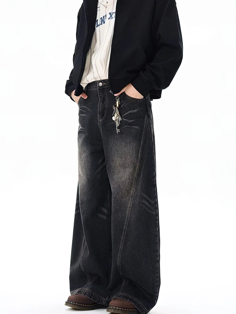 Vintage Black Washed Baggy Jeans Pants Men Wide leg Curved Blade Pants Streetwear Cowboy Casual Denim Straight Trousers - Urban Muse