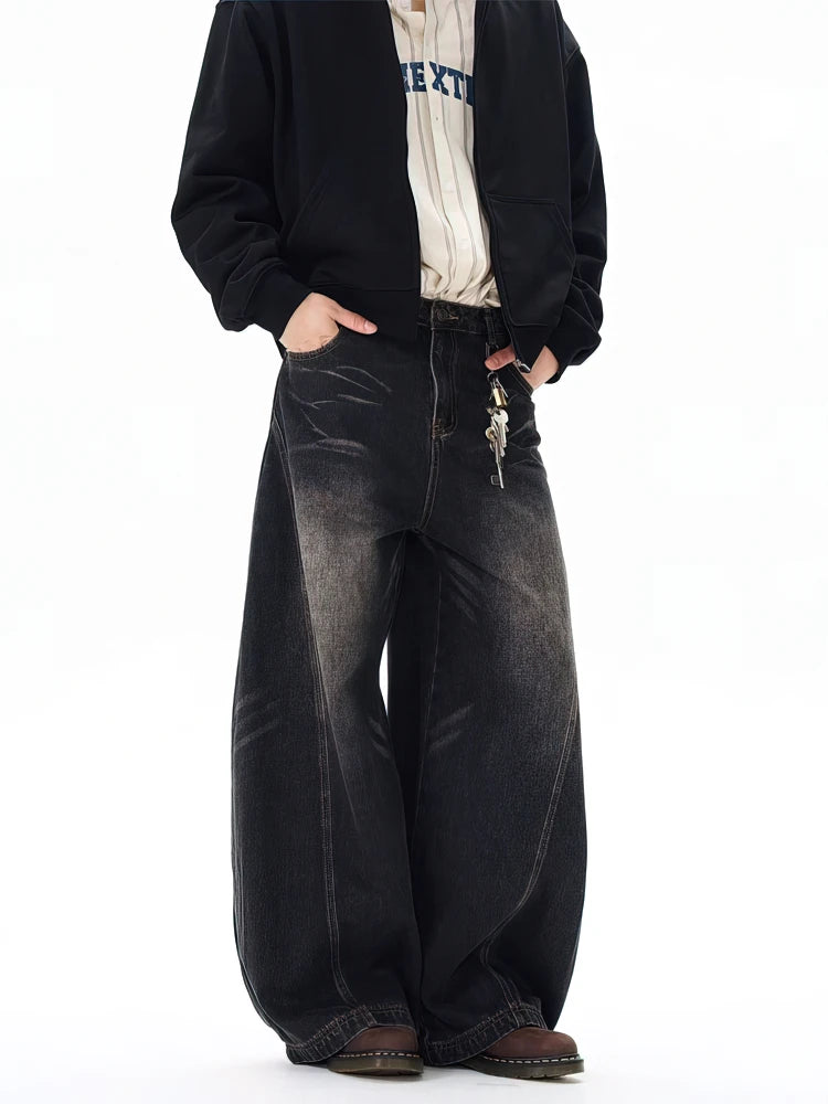 Vintage Black Washed Baggy Jeans Pants Men Wide leg Curved Blade Pants Streetwear Cowboy Casual Denim Straight Trousers - Urban Muse