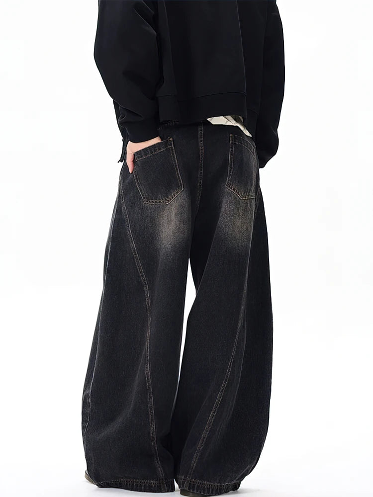 Vintage Black Washed Baggy Jeans Pants Men Wide leg Curved Blade Pants Streetwear Cowboy Casual Denim Straight Trousers - Urban Muse