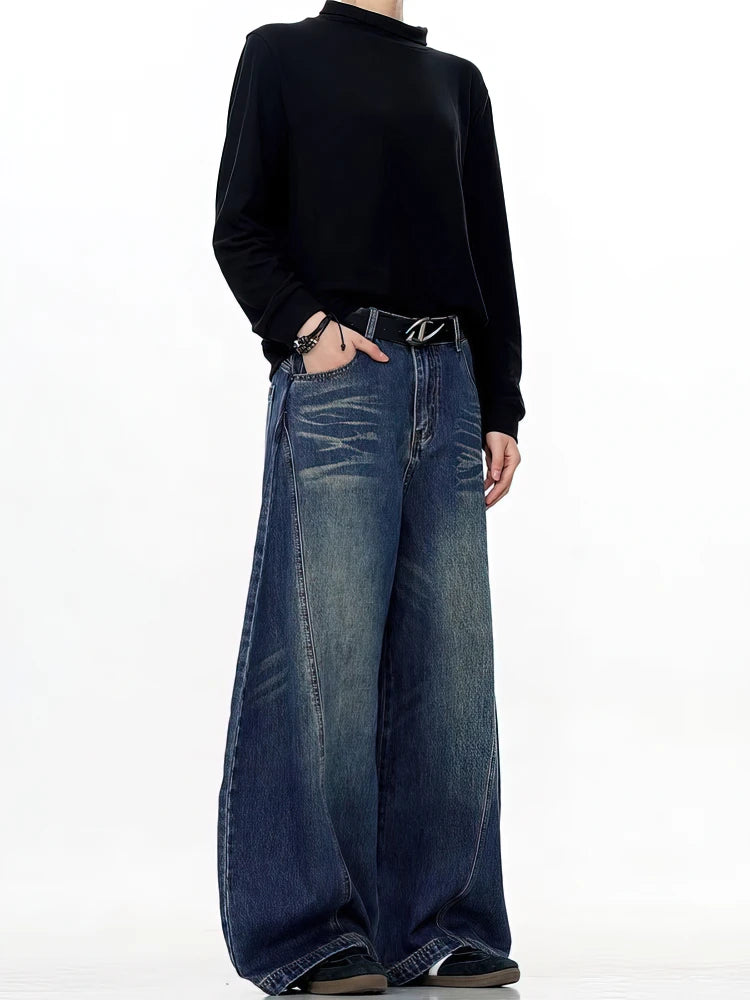 Vintage Black Washed Baggy Jeans Pants Men Wide leg Curved Blade Pants Streetwear Cowboy Casual Denim Straight Trousers - Urban Muse