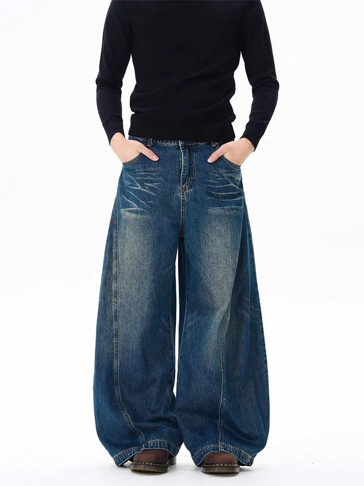 Vintage Black Washed Baggy Jeans Pants Men Wide leg Curved Blade Pants Streetwear Cowboy Casual Denim Straight Trousers - Urban Muse