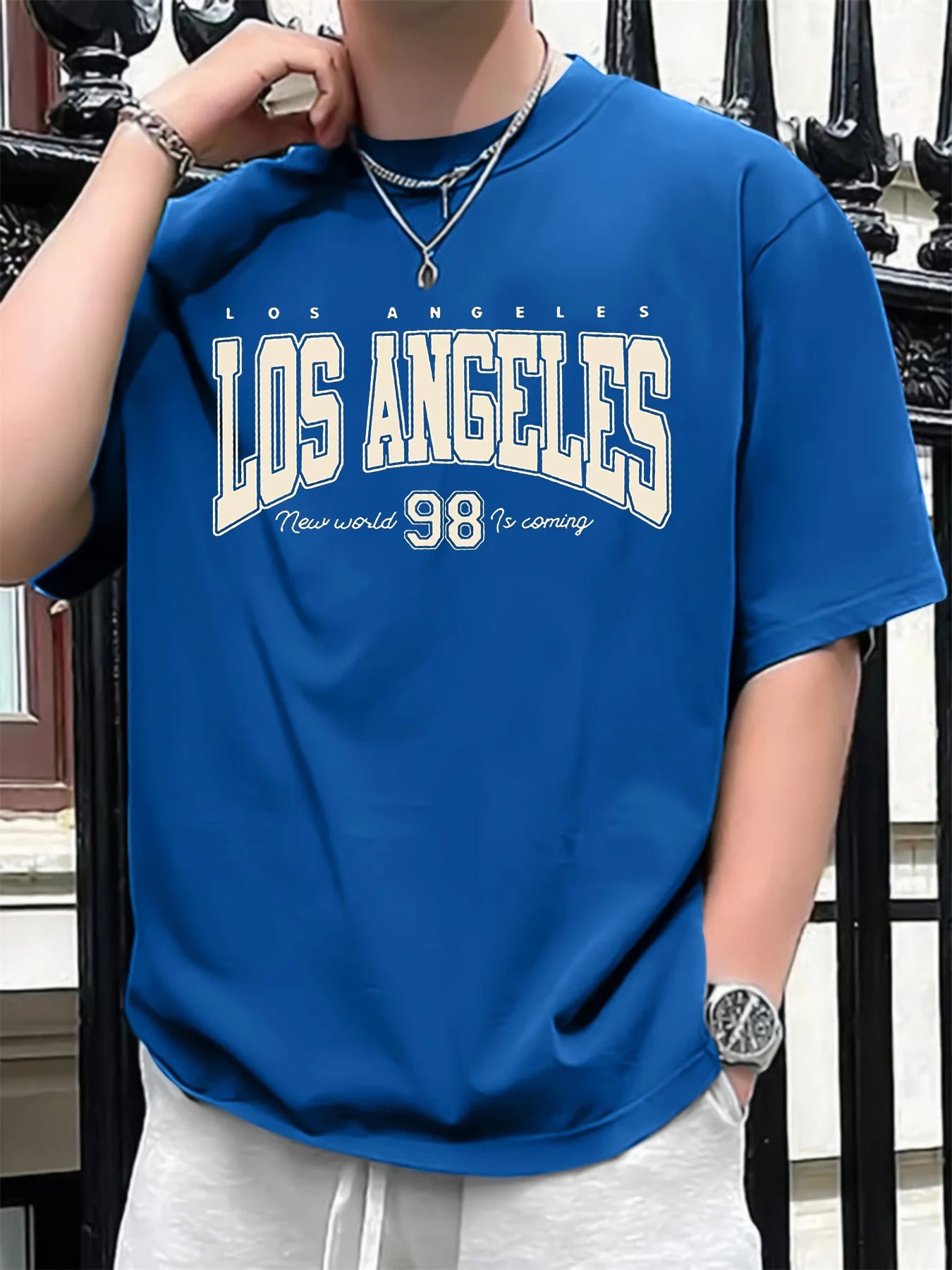 Men's summer 100 cotton fashionable casual loose plus size Los Angeles 98 printed sports round neck short sleeved T-shirt top - Urban Muse
