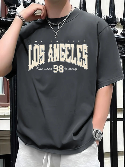Men's summer 100 cotton fashionable casual loose plus size Los Angeles 98 printed sports round neck short sleeved T-shirt top - Urban Muse