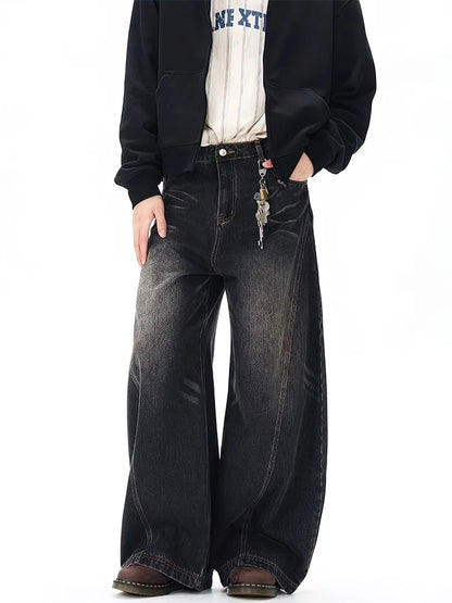 Vintage Black Washed Baggy Jeans Pants Men Wide leg Curved Blade Pants Streetwear Cowboy Casual Denim Straight Trousers - Urban Muse