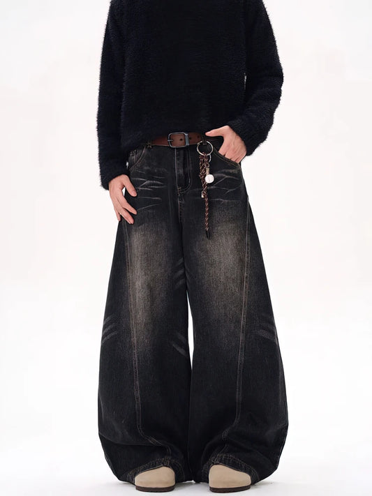 Vintage Black Washed Baggy Jeans Pants Men Wide leg Curved Blade Pants Streetwear Cowboy Casual Denim Straight Trousers - Urban Muse