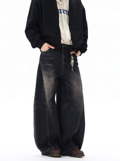 Vintage Black Washed Baggy Jeans Pants Men Wide leg Curved Blade Pants Streetwear Cowboy Casual Denim Straight Trousers - Urban Muse
