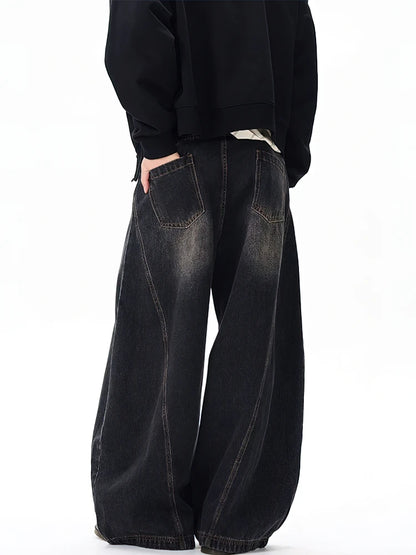 Vintage Black Washed Baggy Jeans Pants Men Wide leg Curved Blade Pants Streetwear Cowboy Casual Denim Straight Trousers - Urban Muse